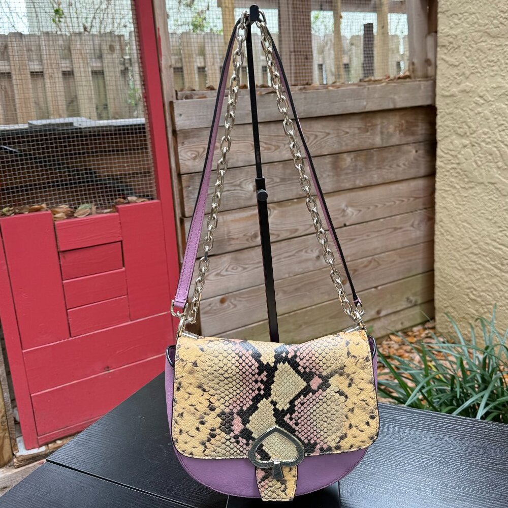Kate Spade Robyn Exotic Chain Saddle Bag Women's Shoulder Bag Pink Mauve Preppy